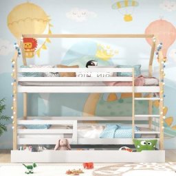 Lit cabane enfant 90x200cm - avec grands tiroirs, échelle, sommier à lattes, pour 2 personnes, lits