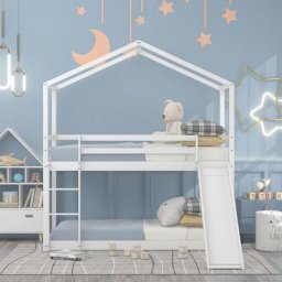 Lit cabane enfant 90 x 200cm avec toboggans, sommier à lattes, lits superposés en bois massif pour