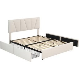 Lit adult double 160 x 200 cm avec 4 tiroirs de rangement inclus sommier style Contemporain,Beige