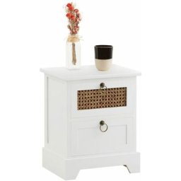 Table de chevet padma 2 tiroirs, table de nuit design vintage en bois lasuré blanc et rotin - Blanc