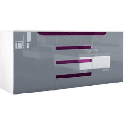 Buffet Commode Dressoir Crédence Sylt en Blanc - haute brillance & tons naturels - Gris haute