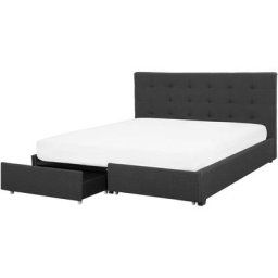 Lit Double 180x200 cm en Tissu Gris Foncé Tête Capitonnée Cadre à 2 Tiroirs Rochelle - Gris