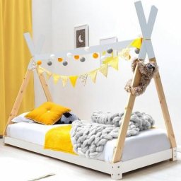 Organize - Lit enfant cabane 90x190 - Lit Tipi Montessori en bois pin naturel et blanc - Sommier
