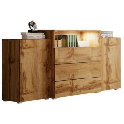 Commode Sarasota 127, Chêne wotan, Avec tiroirs et portes, 81x150x39cm, led - Chêne wotan