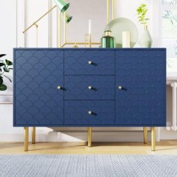 Commode - Buffet Haut avec 2 Portes et 3 Tiroirs Plateau Réglable pour la Chambre à Coucher - Bleu