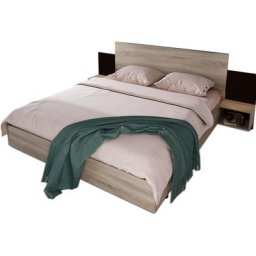 Lit double adulte en bois massif de pin - 160x200 cm - 2 tables de chevet + Tête de lit - Décor