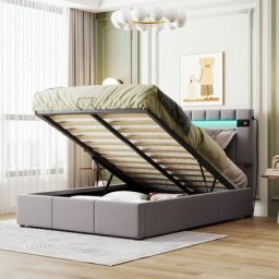 Lit coffre led 140 x 200 cm - avec lecteur bluetooth, recharge usb, sommier à lattes, tête de lit,