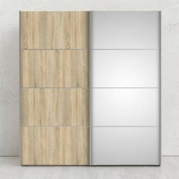 Armoire 182x200H cm Chêne avec porte coulissante en miroir et commode intérieur Chêne clair