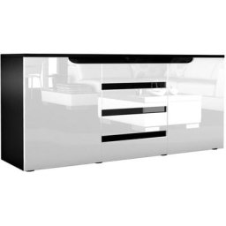 Buffet Commode Dressoir Crédence Sylt en Noir - haute brillance & tons naturels - Blanc haute