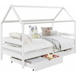 Lit cabane clia lit simple pour enfant 90 x 200 cm avec rangement 2 tiroirs et barrières de