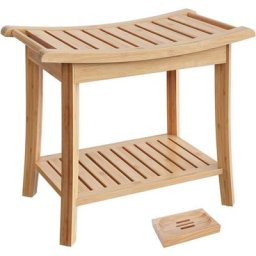 Tabouret de Salle de Bain, Banc en Bambou avec Etagère de Rangement, Tabouret de Douche