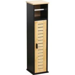 Meuble réserve et dérouleur WC 1 porte Cebu - Bambou - Bambou et noir - 18 x 18 x 75 cm