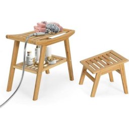 GOPLUS Tabouret et Douche en Bambou avec Etagere de Rangement, Tabouret Multifonctionnel a 2