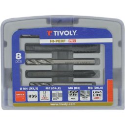 Tivoly Coffret de 4 tarauds machines GUN DIN 352 HSS M4 à M10 + 4 forets métaux HSS