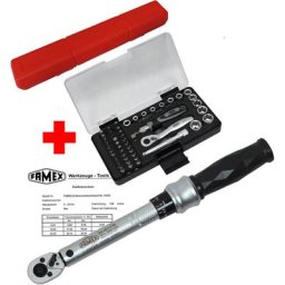 10875 Cle dynamometrique 1/4 -carre, 6-30Nm pour vélo - avec 594-38 Coffret de douilles - Famex