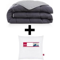 Pack oreiller et Couette de lit tempérée bicolore et réversible 300g anthracite et gris Abeil