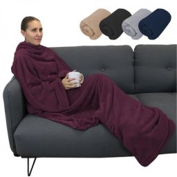 Couverture polaire plaid intégral avec manches et poche - Adulte 210 x 160 cm - Prune Vivezen