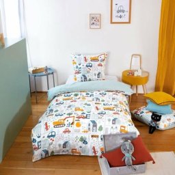 Cote Deco - Housse de couette 140x200 En route + taie polycoton - Blanc
