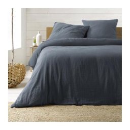 Parure de lit 260 x 240 cm double gaze coton uni 57 fils Angelia Marine - Marine