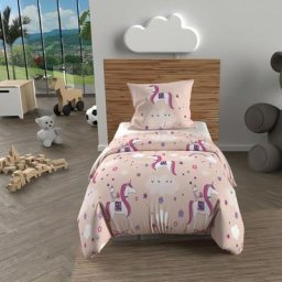 Soleil D'ocre - Parure housse de couette 120x150 cm licornes rose, 100% coton 57 fils/cm2, par Rose