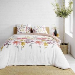Housse de couette 260x240 + 2 taies Rosine double gaze de coton 57 fils - Rose