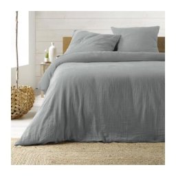 Parure de lit 260 x 240 cm double gaze coton uni 57 fils Angelia gris - Gris