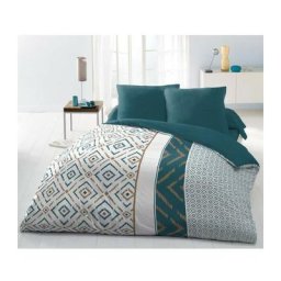Parure de couette Microfibre ethno 220x240cm et 2 taies d'oreillers 63x63cm Bleu Canard