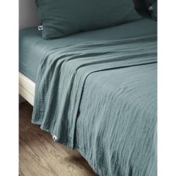 Drap plat 240 x 300 cm Double gaze de coton luxe Gaïa Bleu canard - Bleu