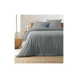 Parure de Lit en Gaze de Coton 240 x 220 cm (Plusieurs coloris) - Gris .