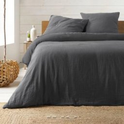 Parure de Lit en Gaze de Coton 240 x 220 cm (Plusieurs coloris) - anthracite .