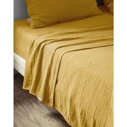 Drap plat 240 x 300 cm Double gaze de coton luxe Gaïa Safran - Jaune