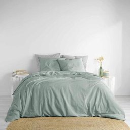 Parure de lit en coton lavé uni 3 pièces Linette - Vert clair- 260 x 240 cm - Livraison gratuite