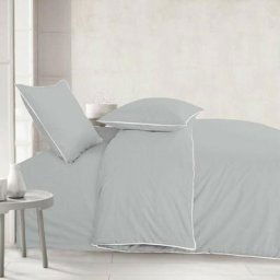 Parure de Lit à Liseré - Housse de Couette + 2 Taies d'oreiller 65x65cm - Plusieurs coloris - Gris