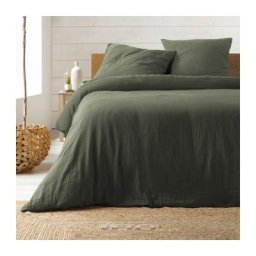 Housse de couette double gaze coton uni Vert kaki - 220x240cm - Vert kaki