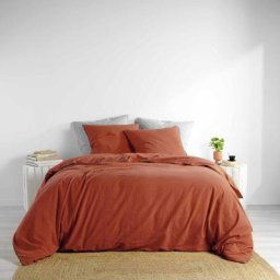 Parure de lit en coton lavé uni 3 pièces Linette - Terracotta - 260 x 240 cm - Livraison gratuite