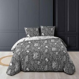 Housse de couette réversible 260 x 240 cm 100% coton + 2 taies Suzanne Anthracite
