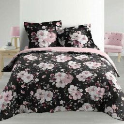 Parure de Lit - Housse de couette 240x260 + 2 Taies d'Oreiller Percale - Velvet Flower Noir.