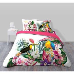 Douceur D'intérieur - Parure de couette + 2 taies 200 x 200 cm imprimé 42 fils Toucan blanc