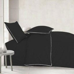 Parure de Lit à Liseré - Housse de Couette + 2 Taies d'oreiller 65x65cm - Plusieurs coloris - noir