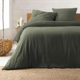 Parure de lit double gaze de coton kaki Angelia 260x240 - Vert