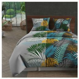 Soleil D'ocre - Parure housse de couette en coton 57 fils 240x220 cm jungle bleu, par Bleu
