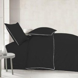 Parure de Lit à Liseré - Housse de Couette + 2 Taies d'oreiller 65x65cm - Plusieurs coloris - noir