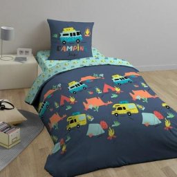 Housse de couette 140x200 Bivouak + taie 100% coton bio 57 fils - Bleu