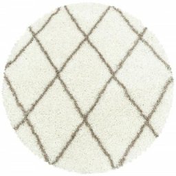 Alvor - Tapis Rond à Poils Longs Design Berbère Motif Losanges (Ivoire et Café - 120x120cm)