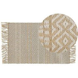 Tapis 50x80 cm à Motifs Géométriques Beiges en Jute et Coton avec Franges pour Chambre et Salon au