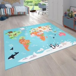 Paco Home Tapis pour enfants, Tapis de jeu pour chambres d'enfants, Carte du monde avec animaux, En