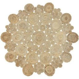 Tapis Déco Rond Beige en Jute en Forme de Cercle en Relief pour Chambre et Salon au Style Bohème et