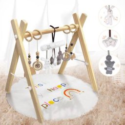 Tapis d'Éveil et d'Activités Douceur Transportable pour bébé en Bois, Coussin et 8 Jouets