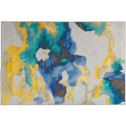 Tapis Rectangulaire Bleu Blanc et Jaune en Polyester Motif Abstrait pour Chambre ou Salon au Style
