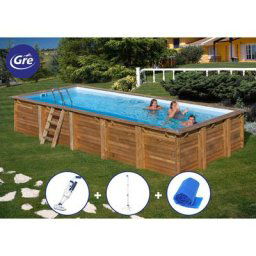Piscine bois BRAGA 8,15m x 4,20m x H: 1,46m - Aspirateur électrique à batterie + douche + bâche été